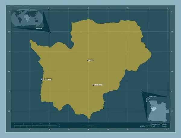 アンゴラ共和国のカカンサ スル県 しっかりした色の形 地域の主要都市の位置と名前 コーナー補助位置図 — ストック写真