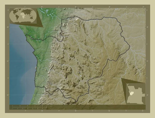 Cuanza Sul 安哥拉省 用Wiki风格绘制的带有湖泊和河流的高程地图 该区域主要城市的所在地点 角辅助位置图 — 图库照片
