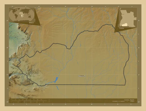 アンゴラ共和国のカネン県 湖や川と色の標高マップ 地域の主要都市の位置と名前 コーナー補助位置図 — ストック写真