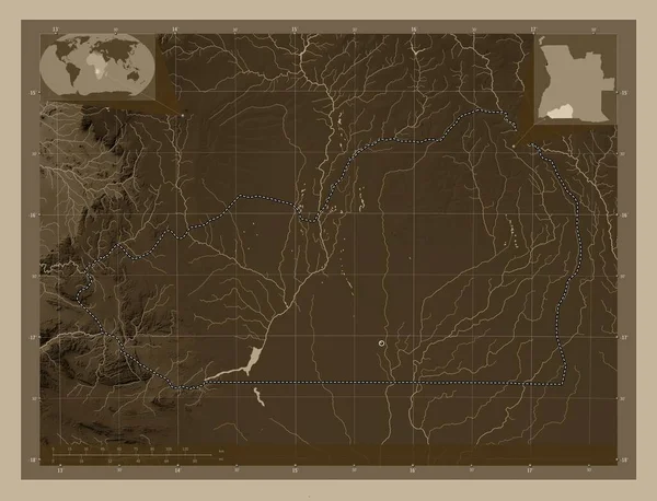 Кунене Провинция Ангола Карта Высоты Окрашенная Сепиевые Тона Озерами Реками — стоковое фото