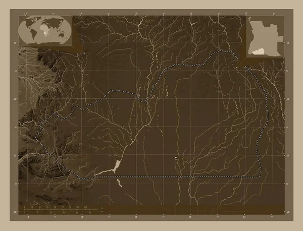 Cunene Provincia Angola Mapa Elevación Coloreado Tonos Sepia Con Lagos —  Fotos de Stock