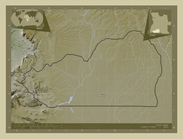 库内内 安哥拉省 用Wiki风格绘制的带有湖泊和河流的高程地图 该区域主要城市的地点和名称 角辅助位置图 — 图库照片