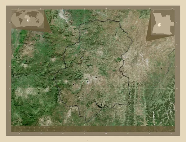 アンゴラ共和国のウアンボ県 高解像度衛星地図 地域の主要都市の場所 コーナー補助位置図 — ストック写真