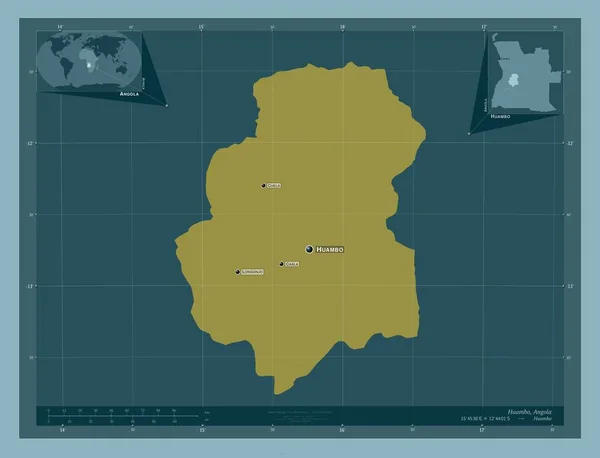 アンゴラ共和国のウアンボ県 しっかりした色の形 地域の主要都市の位置と名前 コーナー補助位置図 — ストック写真