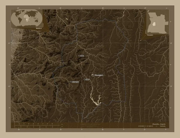 Huambo Province Angola Elevation Map Colored Sepia Tones Lakes Rivers — Stock Photo, Image