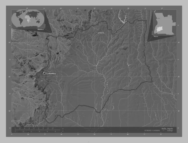 Huila Province Angola Grayscale Elevation Map Lakes Rivers Locations Names — стоковое фото