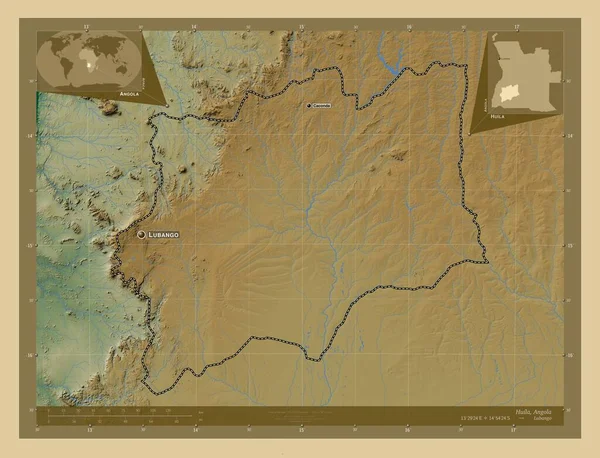 Huila Prowincja Angola Kolorowa Mapa Wzniesień Jeziorami Rzekami Lokalizacje Nazwy — Zdjęcie stockowe
