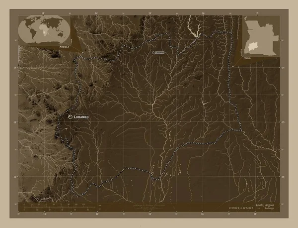 Huila Province Angola Elevation Map Colored Sepia Tones Lakes Rivers — стоковое фото