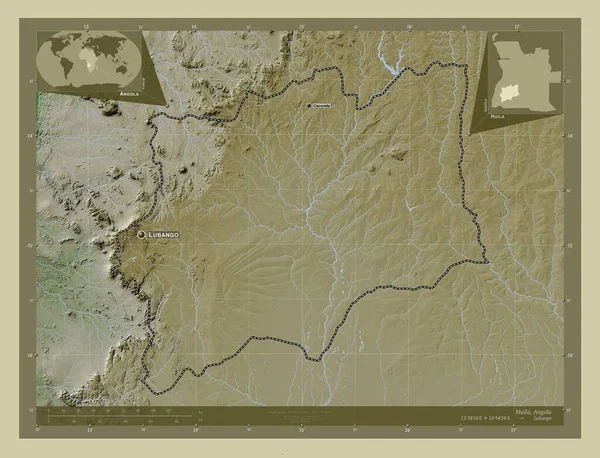 安哥拉的威拉省 用Wiki风格绘制的带有湖泊和河流的高程地图 该区域主要城市的地点和名称 角辅助位置图 — 图库照片