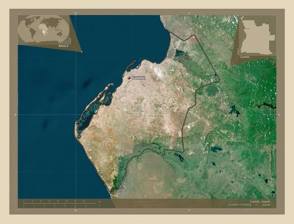 Luanda, province of Angola. High resolution satellite map. Locations and names of major cities of the region. Corner auxiliary location maps