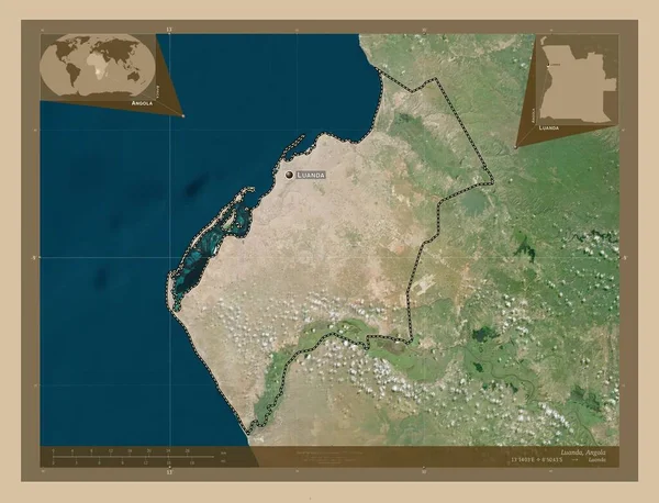 アンゴラのルアンダ州 低解像度衛星地図 地域の主要都市の位置と名前 コーナー補助位置図 — ストック写真
