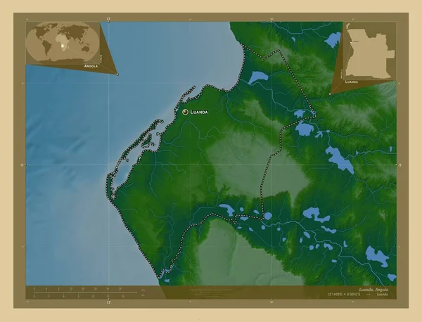 Луанда Провинция Ангола Цветная Карта Высоты Озерами Реками Места Названия — стоковое фото