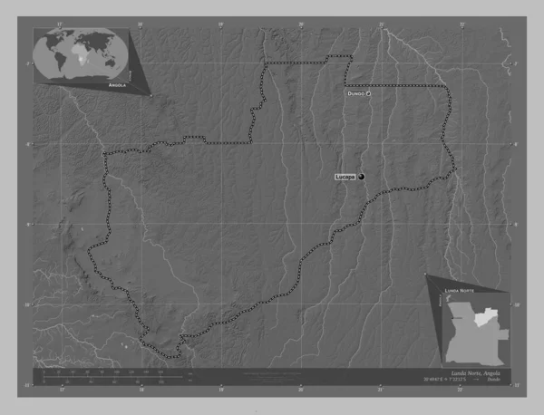 Lunda Norte Prowincja Angola Mapa Wzniesień Skali Szarości Jeziorami Rzekami — Zdjęcie stockowe
