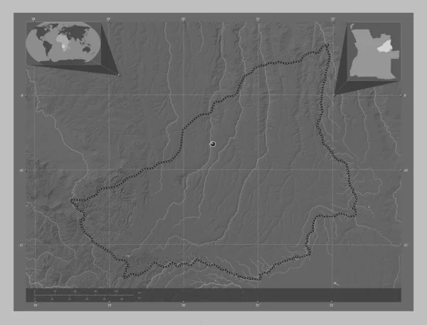 Lunda Sul Province Angola Grayscale Elevation Map Lakes Rivers Corner — Stock Photo, Image