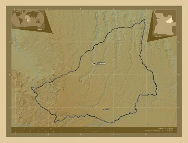 Лунда Сул Провинция Ангола Цветная Карта Высоты Озерами Реками Места — стоковое фото