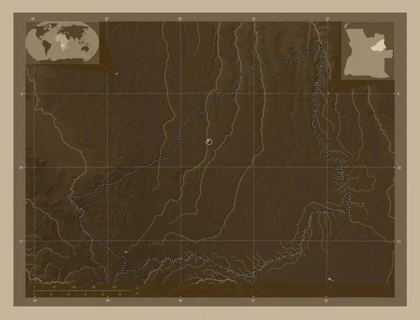 앙골라의 세피아 색으로 지도는 호수와 강으로 울려퍼진다 Corner Auxiliary Location — 스톡 사진