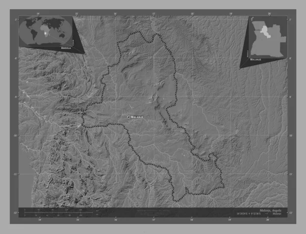 安哥拉省 马兰杰 带湖泊和河流的比尔维尔高程图 该区域主要城市的地点和名称 角辅助位置图 — 图库照片