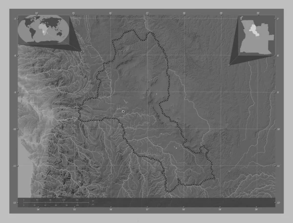 Malanje Province Angola Grayscale Elevation Map Lakes Rivers Locations Major — Stock Photo, Image