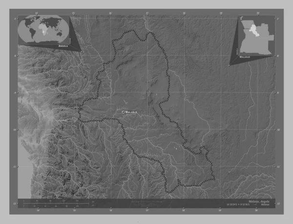 Malanje Provincie Angola Grayscale Hoogte Kaart Met Meren Rivieren Locaties — Stockfoto