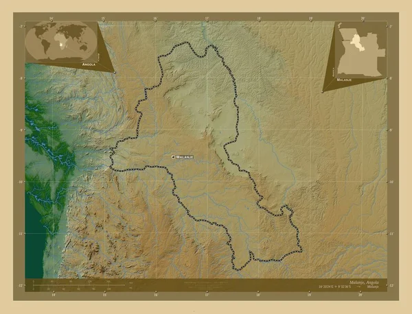 アンゴラの州 マランジェ 湖や川と色の標高マップ 地域の主要都市の位置と名前 コーナー補助位置図 — ストック写真