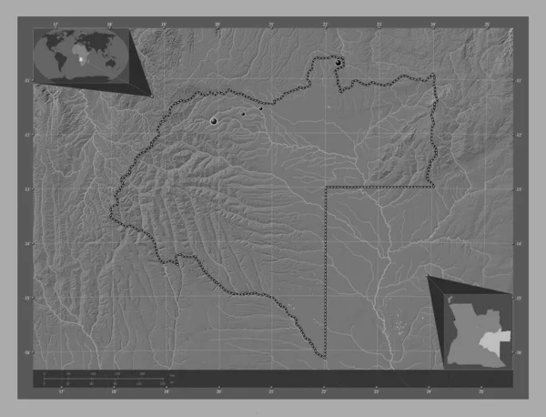 Moxico Provincia Angola Mapa Elevación Bilevel Con Lagos Ríos Ubicaciones —  Fotos de Stock