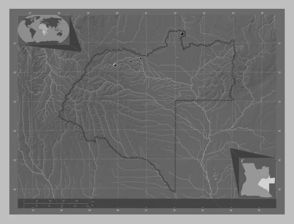 Moxico Province Angola Grayscale Elevation Map Lakes Rivers Locations Major — Stock Photo, Image