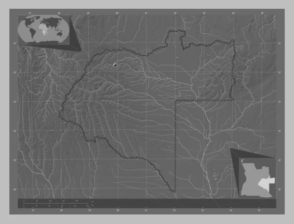 Moxico Province Angola Grayscale Elevation Map Lakes Rivers Corner Auxiliary — Stock Photo, Image