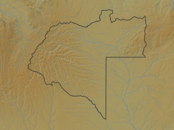 Moxico, Angola vilayeti. Gölleri ve nehirleri olan renkli yükseklik haritası