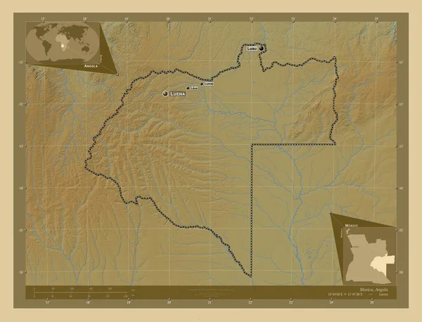 Moxico Provincia Angola Mapa Elevación Colores Con Lagos Ríos Ubicaciones — Foto de Stock