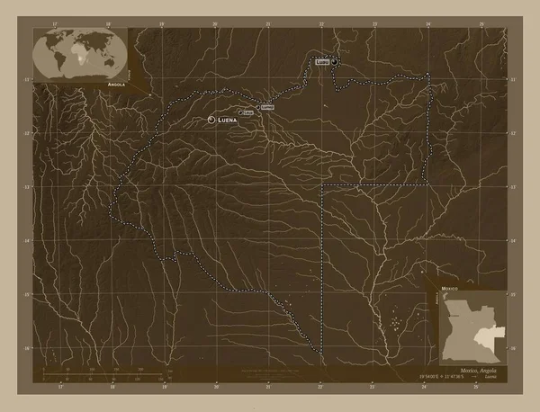 アンゴラの州 モキシコ 湖や川とセピアトーンで着色された標高マップ 地域の主要都市の位置と名前 コーナー補助位置図 — ストック写真