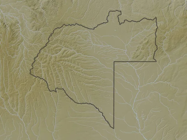 Moxico, Angola vilayeti. Yükseklik haritası göller ve nehirlerle wiki stilinde renklendirilmiştir