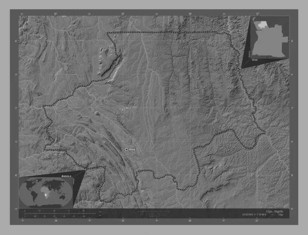 Uige Provincia Angola Mapa Elevación Bilevel Con Lagos Ríos Ubicaciones — Foto de Stock