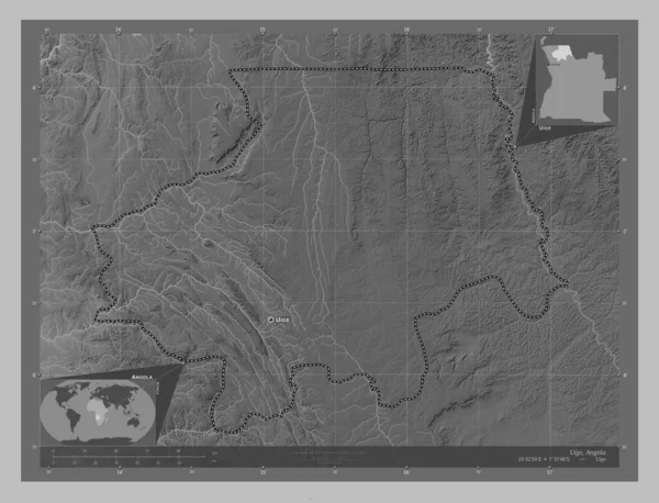 Uige Prowincja Angola Mapa Wzniesień Skali Szarości Jeziorami Rzekami Lokalizacje — Zdjęcie stockowe