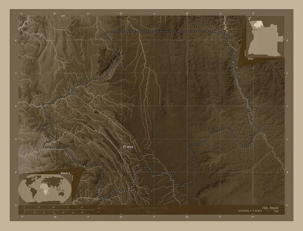 Uige Επαρχία Της Αγκόλας Υψόμετρο Χάρτη Χρωματισμένο Τόνους Σέπια Λίμνες — Φωτογραφία Αρχείου