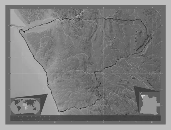 Zaire Province Angola Grayscale Elevation Map Lakes Rivers Locations Major — Stock Photo, Image