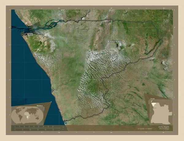 Zaire, province of Angola. High resolution satellite map. Locations and names of major cities of the region. Corner auxiliary location maps