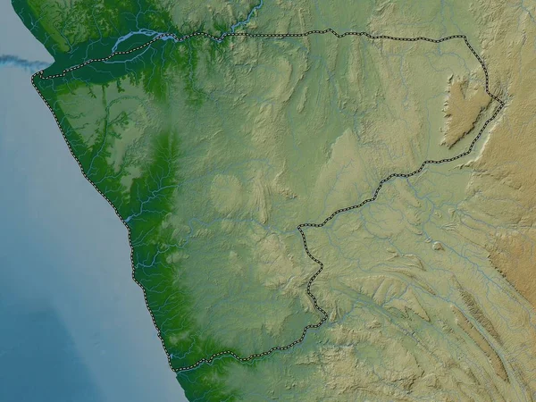 アンゴラのザイール州 湖や川と色の標高マップ — ストック写真