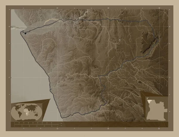 Zair Provincie Angola Zdvihová Mapa Zbarvená Sépiovými Tóny Jezery Řekami — Stock fotografie