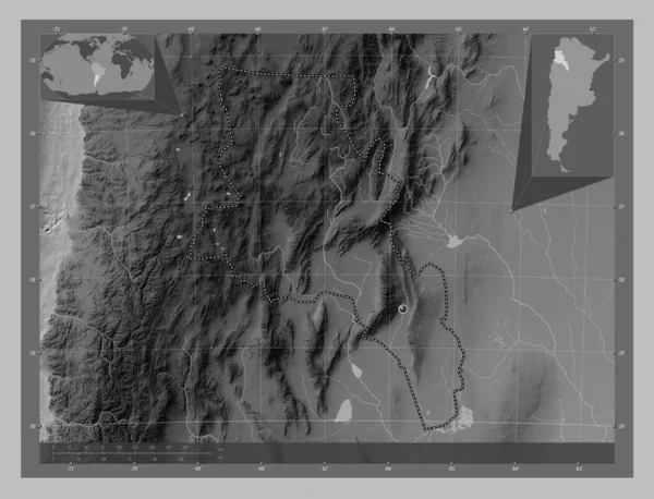 Катамарка Провінція Аргентина Граймасштабна Мапа Висот Озерами Річками Кутові Допоміжні — стокове фото