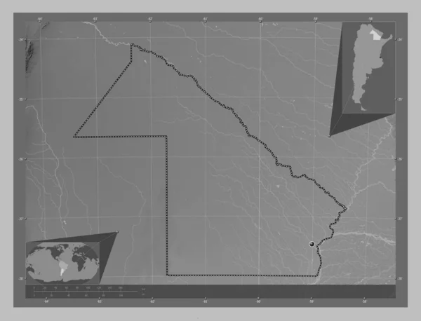 Chaco Argentína Tartomány Szürkeárnyas Térkép Tavakkal Folyókkal Saroktérképek Kiegészítő Helymeghatározási — Stock Fotó