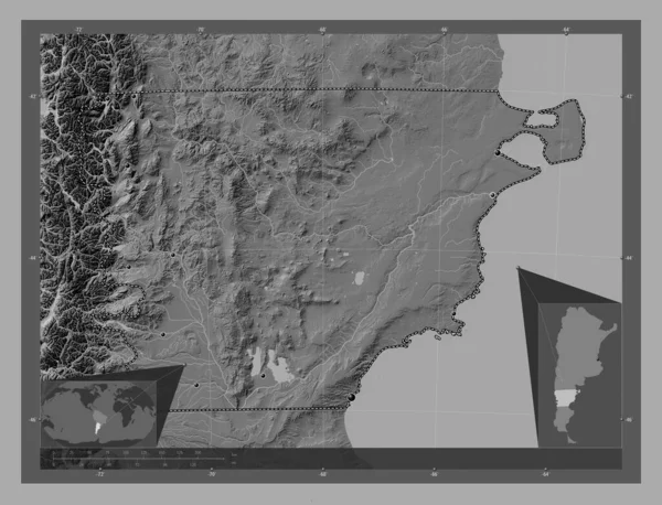 Chubut Province Argentina 带湖泊和河流的比尔维尔高程图 该区域主要城市的所在地点 角辅助位置图 — 图库照片