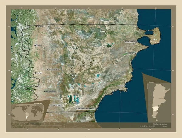 Chubut Province Argentina 高分辨率卫星地图 该区域主要城市的地点和名称 角辅助位置图 — 图库照片