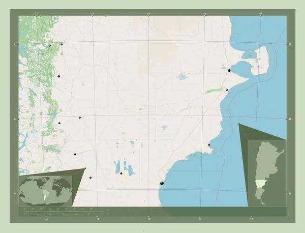 アルゼンチンのチュブト州 ストリートマップを開く 地域の主要都市の場所 コーナー補助位置図 — ストック写真