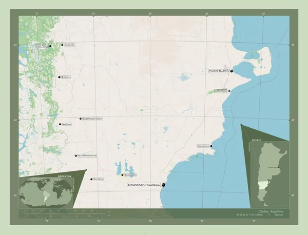 Chubut Province Argentina 开放街道地图 该区域主要城市的地点和名称 角辅助位置图 — 图库照片