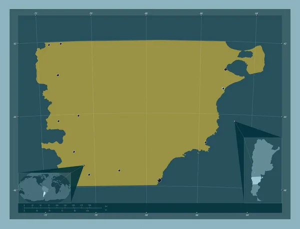 アルゼンチンのチュブト州 しっかりした色の形 地域の主要都市の場所 コーナー補助位置図 — ストック写真