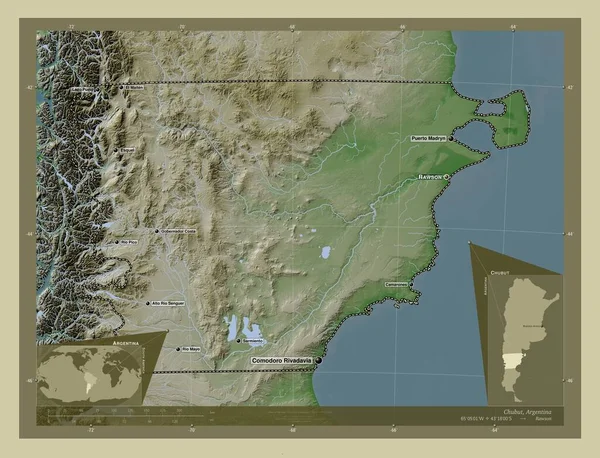 Chubut Province Argentina 用Wiki风格绘制的带有湖泊和河流的高程地图 该区域主要城市的地点和名称 角辅助位置图 — 图库照片