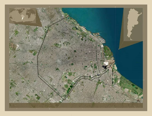 布宜诺斯艾利斯市 阿根廷联邦特区 高分辨率卫星地图 该区域主要城市的所在地点 角辅助位置图 — 图库照片