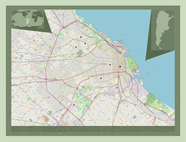 アルゼンチン連邦管区のブエノスアイレス市 ストリートマップを開く 地域の主要都市の場所 コーナー補助位置図 — ストック写真