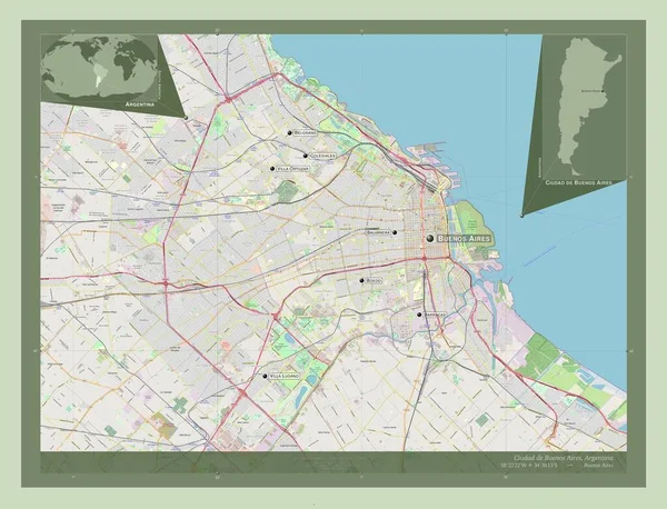 アルゼンチン連邦管区のブエノスアイレス市 ストリートマップを開く 地域の主要都市の位置と名前 コーナー補助位置図 — ストック写真