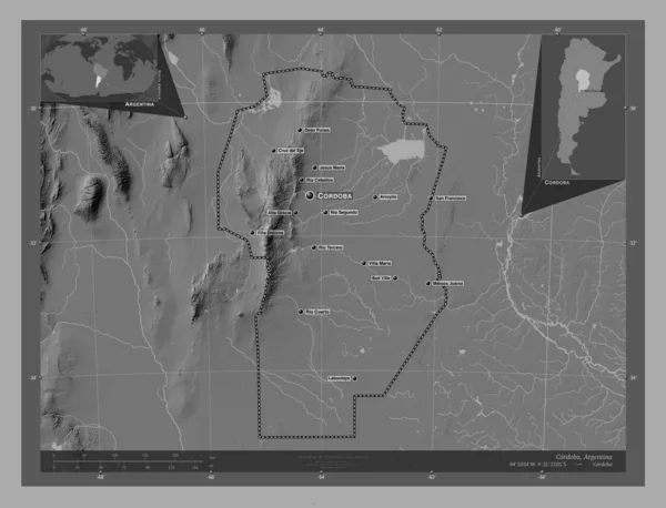 Cordoba Province Argentina Bilevel Elevation Map Lakes Rivers Locations Names — Stock Photo, Image